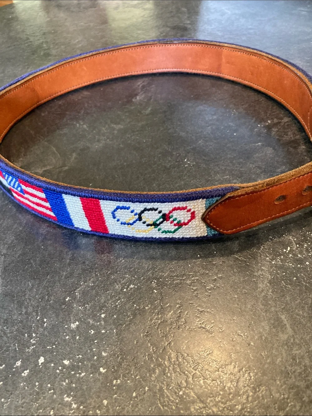 Men Dan Lace PJ Olympic flags needlepoint leather belt size 32